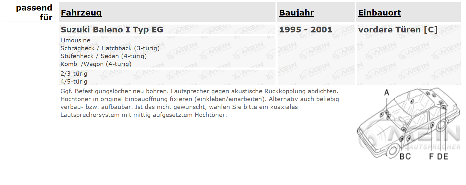 ALPINE LAUTSPRECHER für SUZUKI BALENO I Typ EG 1995-2001 Front Tür 165