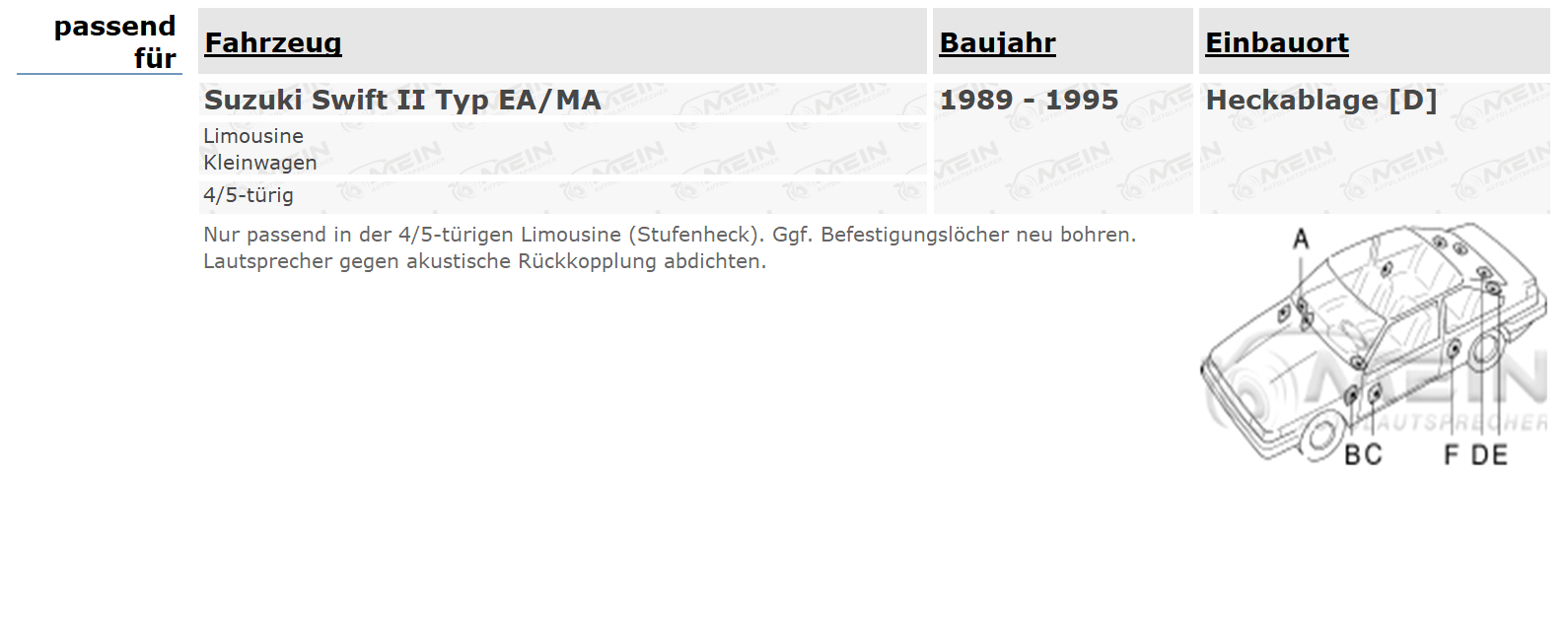 JVC DR LAUTSPRECHER für SUZUKI SWIFT II EA/MA 1989-1995 Heckablage 100