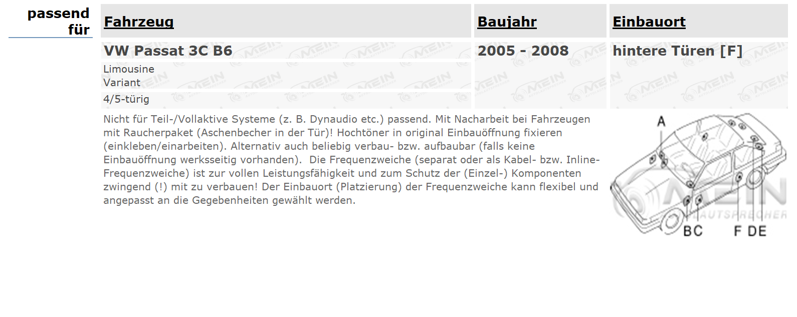 JBL LAUTSPRECHER für VW PASSAT 3C B6 2005-2008 Heck Hinten 2-Wege 250W
