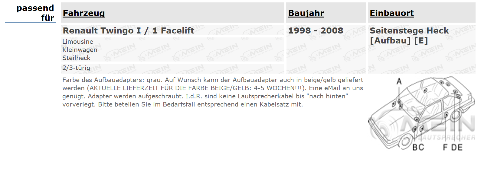 JBL LAUTSPRECHER für RENAULT TWINGO I / 1 Facelift 1998-2008 Heck 105W