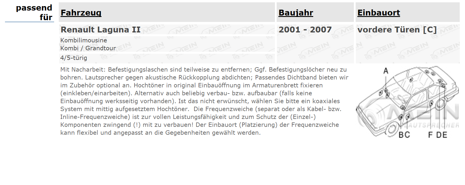 ALPINE LAUTSPRECHER für RENAULT LAGUNA II 2001-2007 Front Vorn 250W