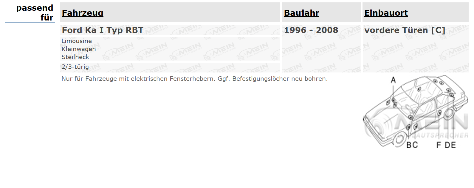 JBL LAUTSPRECHER für FORD KA I Typ RBT 1996-2008 Front Vorn Tür 250W