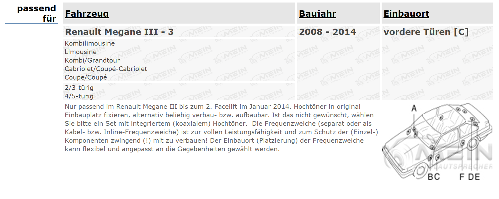 JBL LAUTSPRECHER für RENAULT MEGANE III - 3 2008-2014 Front Tür 135W