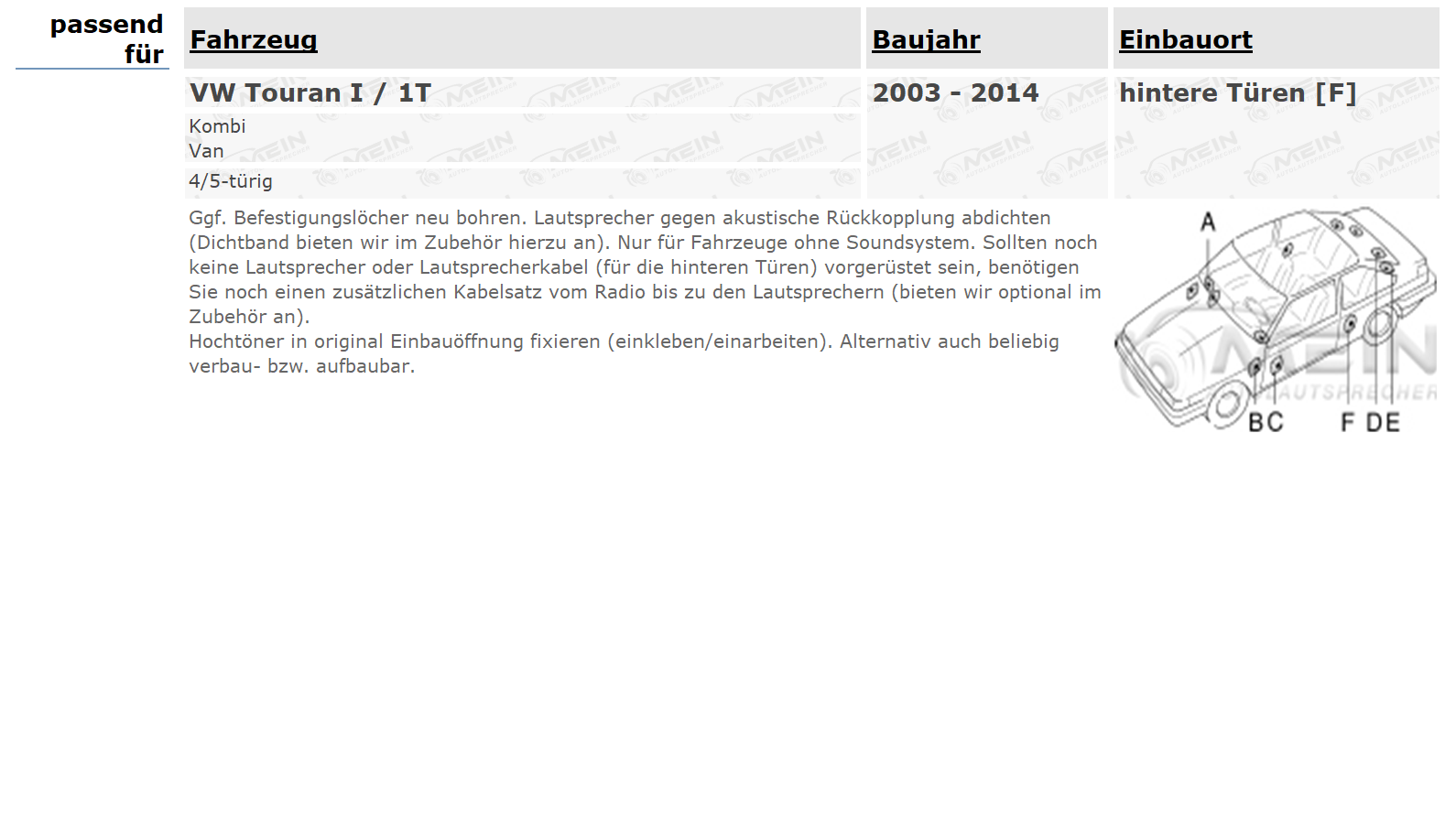 ALPINE LAUTSPRECHER für VW TOURAN I / 1T 2003-2014 Tür Heck Kompo 280W