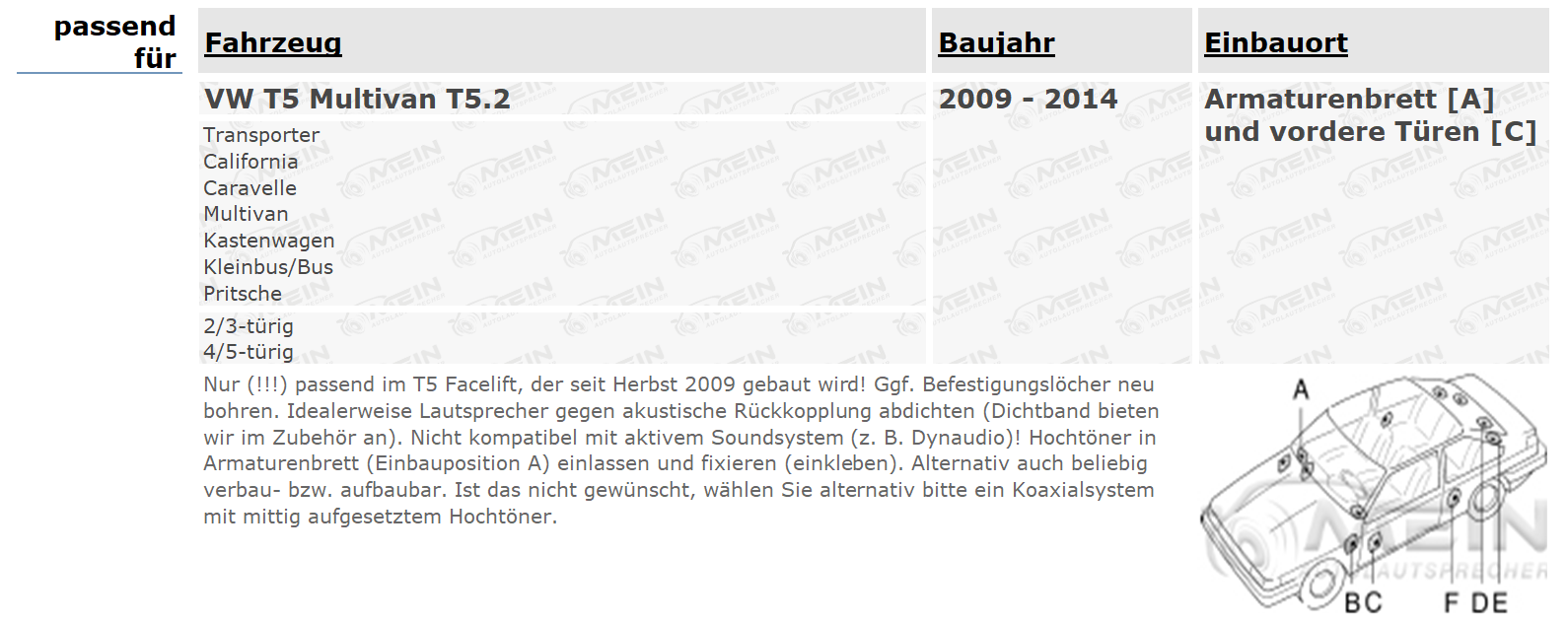 ALPINE LAUTSPRECHER für VW T5 Multivan T5.2 2009-2014 Front Vorn 280W