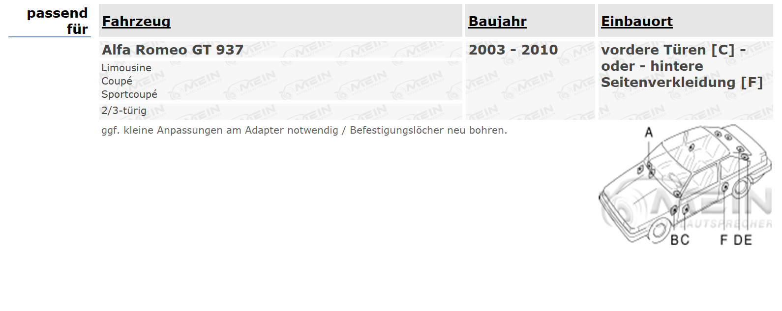 JBL LAUTSPRECHER für ALFA ROMEO GT 937 2003-2010 Vorn Tür 2-Wege 180W