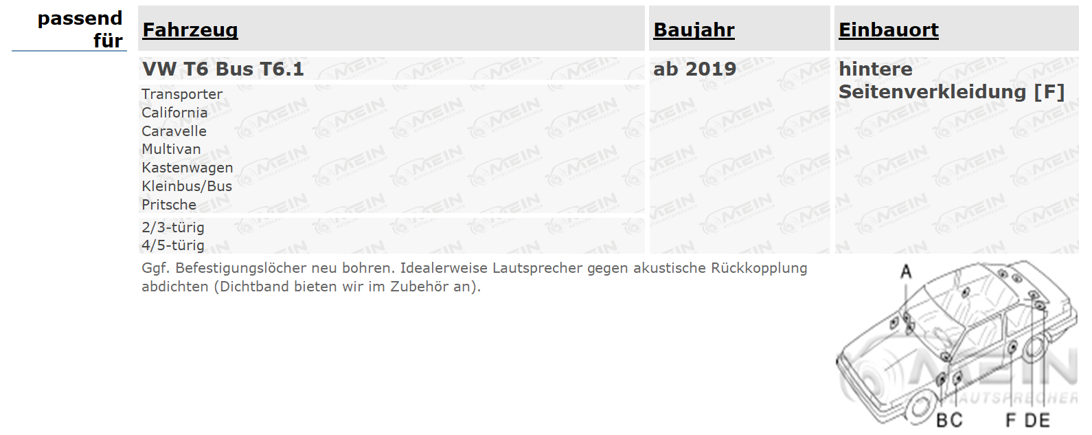 SINUSTEC LAUTSPRECHER für VW T6 Bus T6.1 ab 2019 Heck Seite Koax 300W
