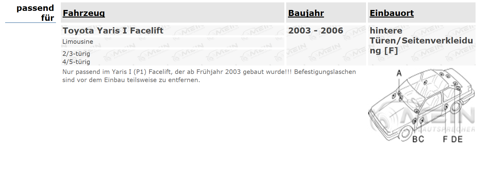 PIONEER LAUTSPRECHER für TOYOTA YARIS I Facelift 2003-2006 Heck Tür