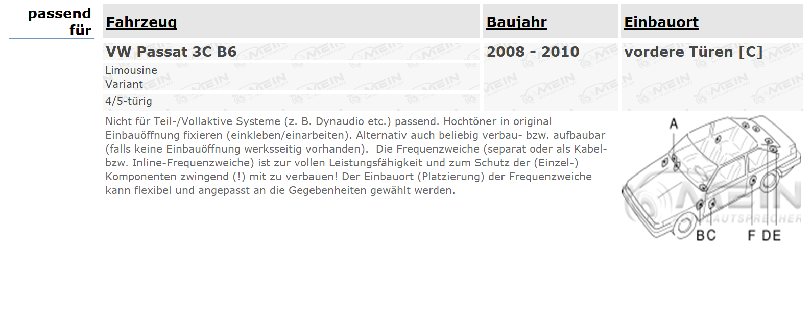 JBL LAUTSPRECHER für VW PASSAT 3C B6 2008-2010 Front Vorn 2-Wege 180W