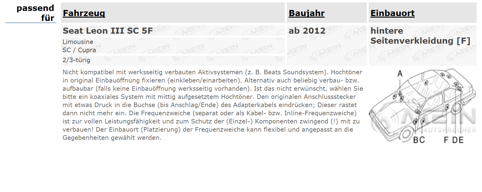 JBL LAUTSPRECHER für SEAT LEON III SC 5F ab 2012 Heck Seite Kompo 200W