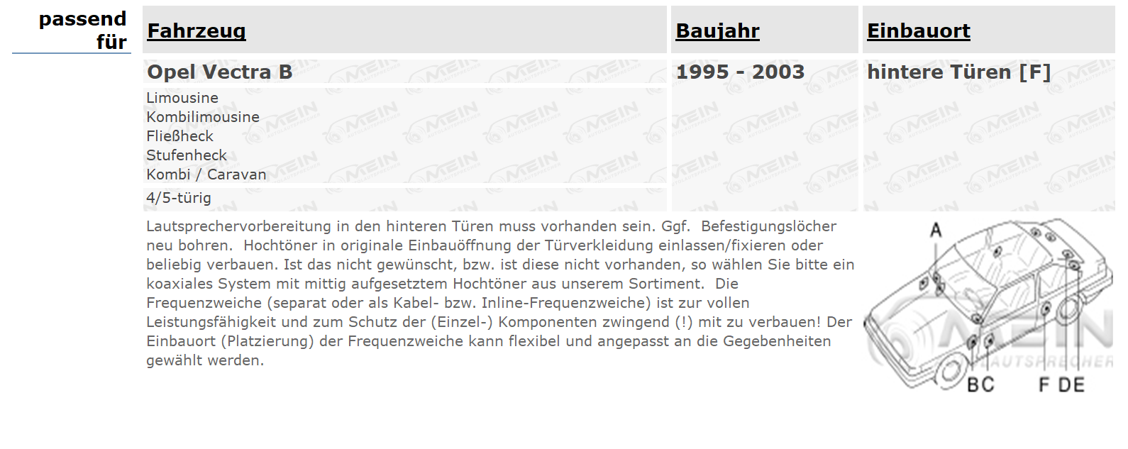 ALPINE LAUTSPRECHER für OPEL VECTRA B 1995-2003 Heck Hinten Tür 250W