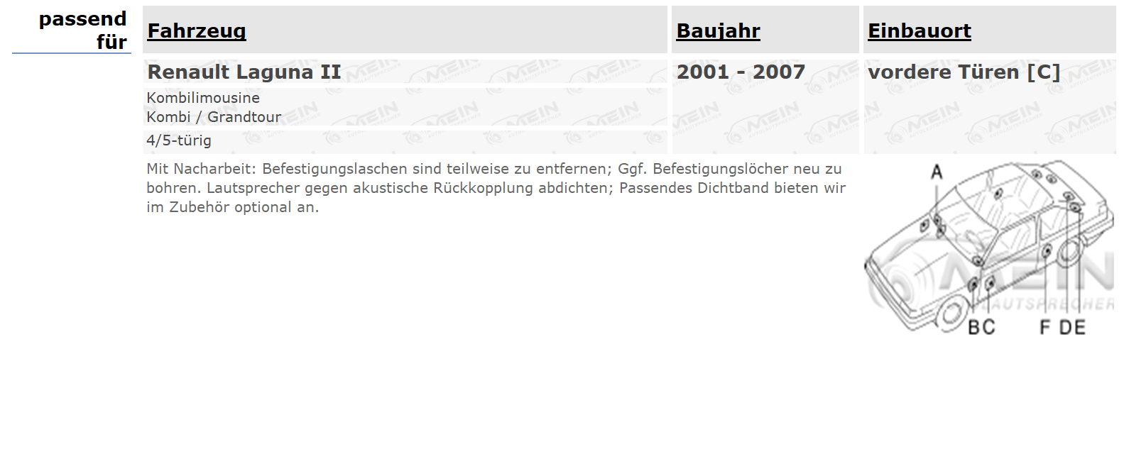 ALPINE LAUTSPRECHER für RENAULT LAGUNA II 2001-2007 Front Vorn 200W