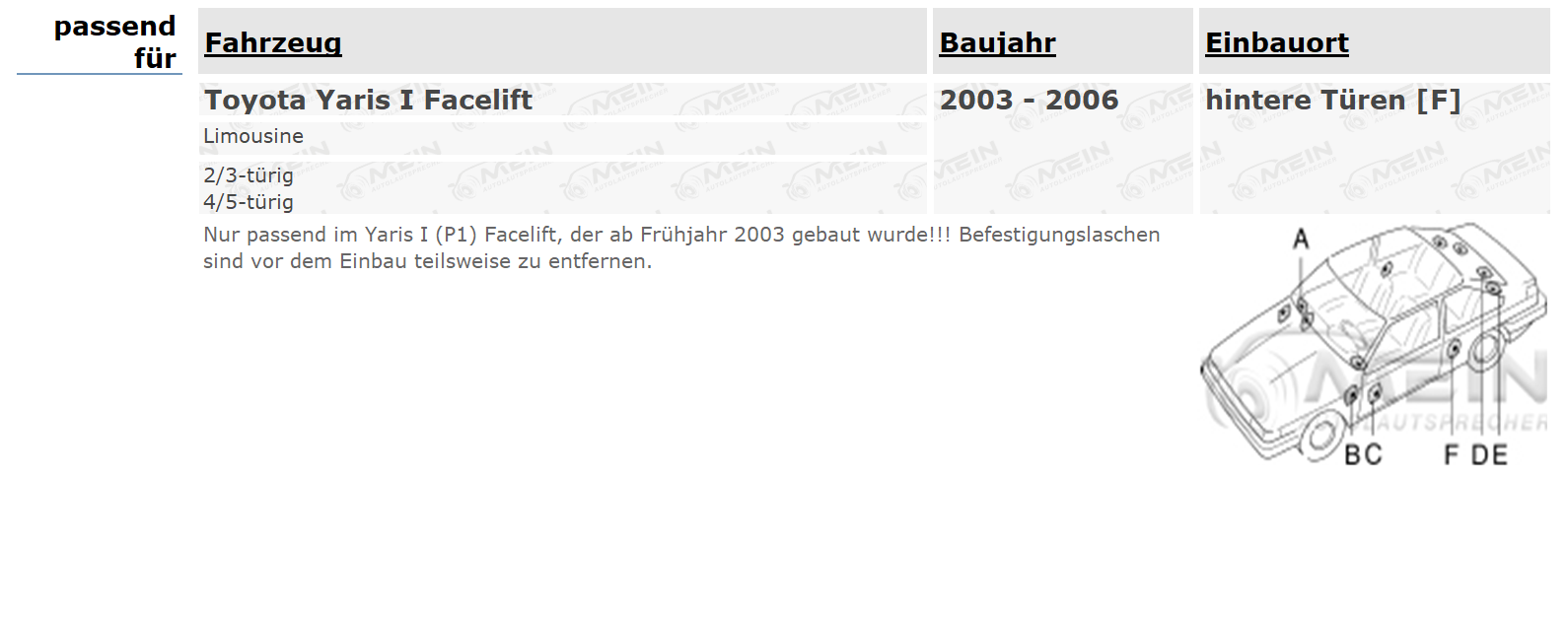 PIONEER LAUTSPRECHER für TOYOTA YARIS I Facelift 2003-2006 Heck Tür